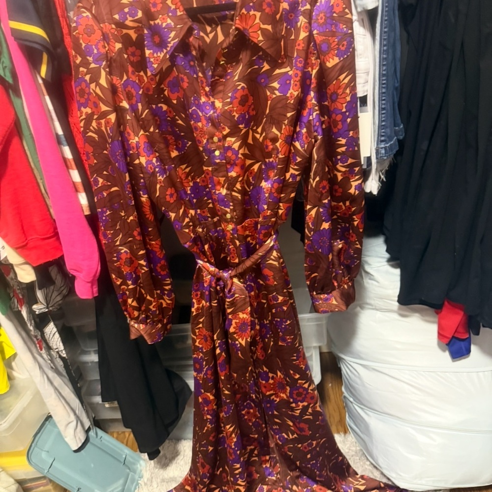 INC International Concepts Purple and Brown Floral Long Sleeve Dress